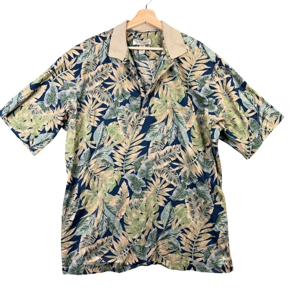 Tori Richard Mens XL Cotton Lawn Tropical Leaf Floral Polo Shirt Navy Short Slv